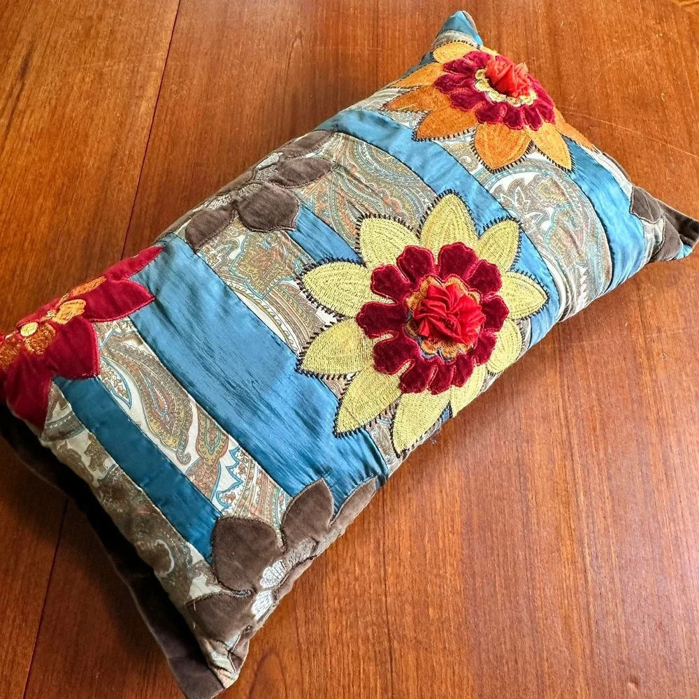 Pier 1 Floral Embroidered Velvet Accent Pillow 12x22 Boho Eclectic Maximalist